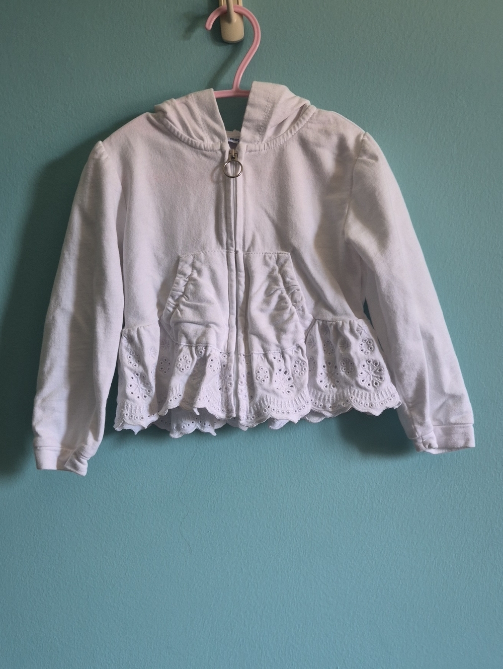 Mayoral Spanish Boutique Girls White Eyelet Ruffle Zip Hoodie Jacket Size 4